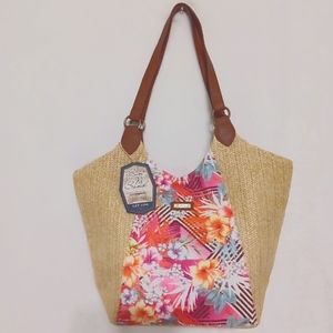 SUN N SAND OCEANIC RATTAN STRAW WOVEN BEACH BAG.